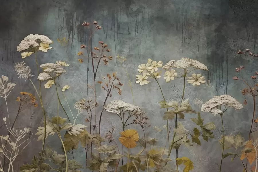 Шпалери Польові квіти і трави на тлі гранж-стіни w03697