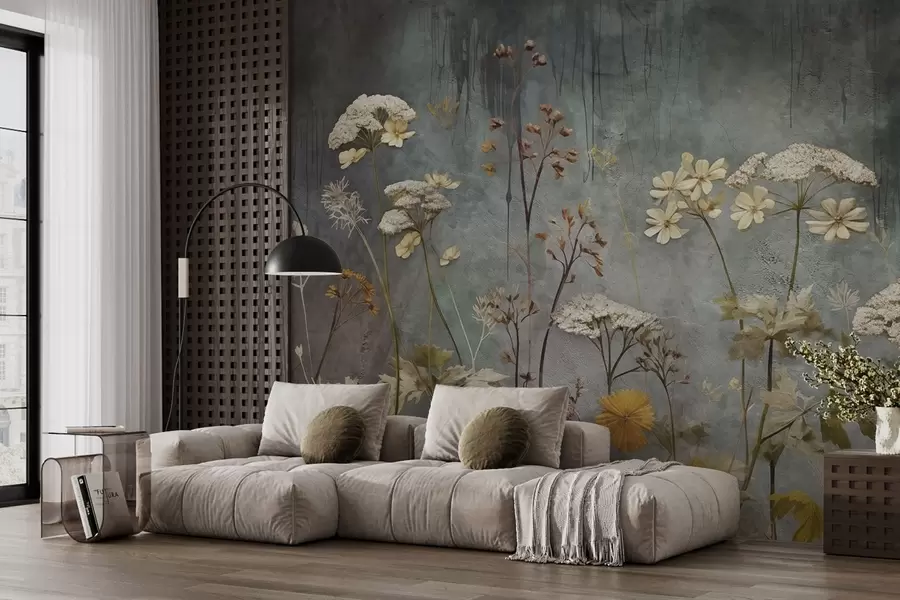 Шпалери Польові квіти і трави на тлі гранж-стіни w03697