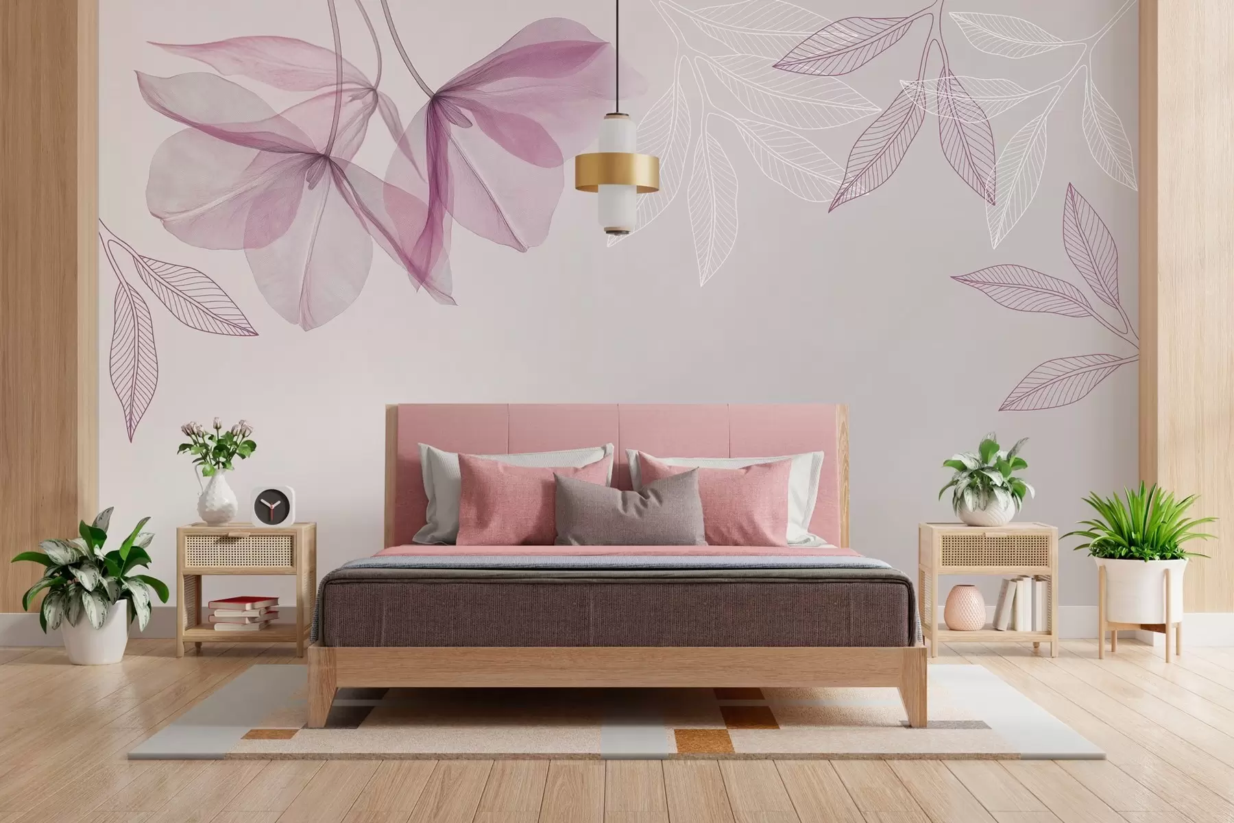 Шпалери ніжні напівпрозорі квіти та листя у фіолетових тонах w03616v4