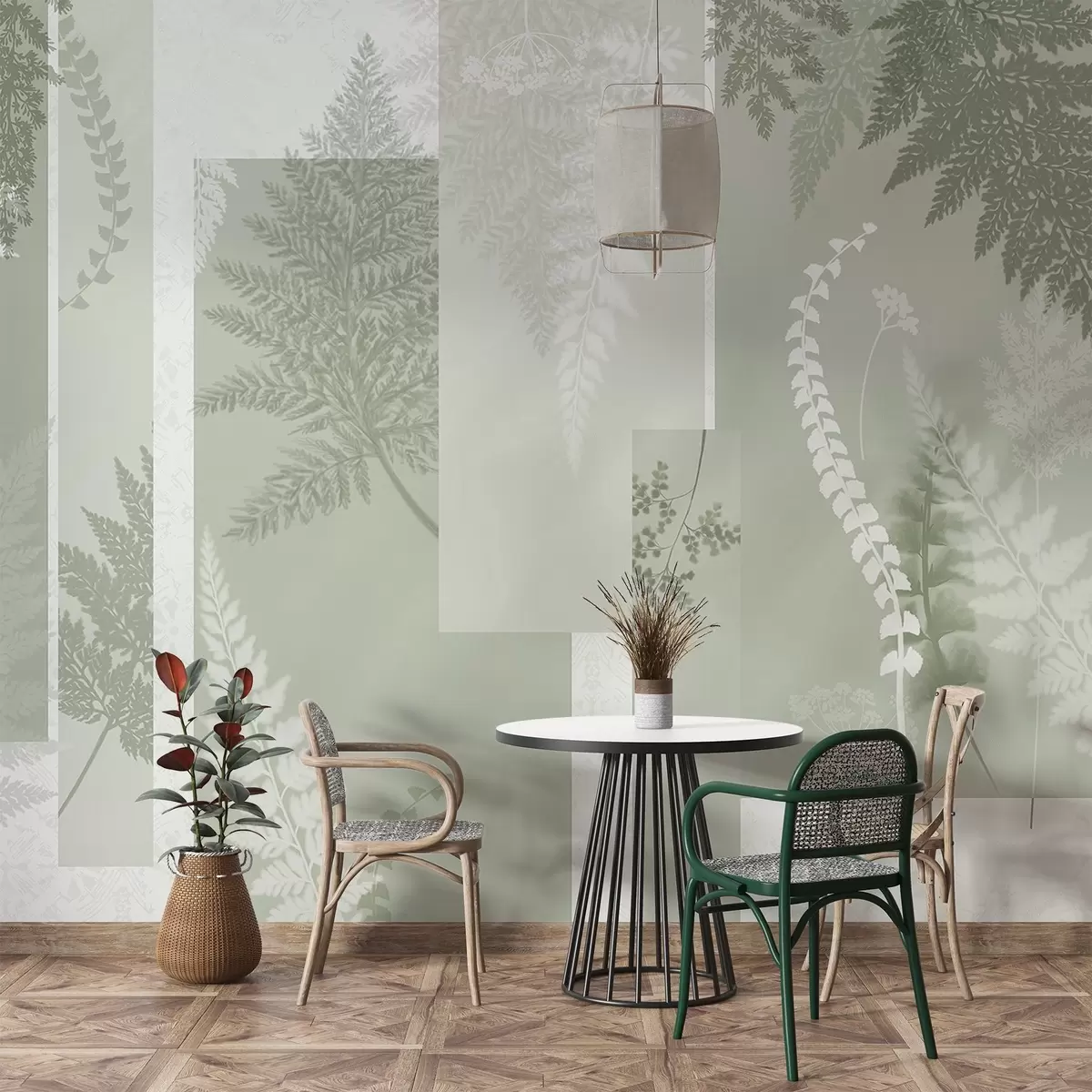 Шпалери Листя папороті зеленого та білого кольору, розташовані вертикальними смугами, створюючи ботанічний та мінімалістичний принт, м'які та приглушені кольори w09007v2