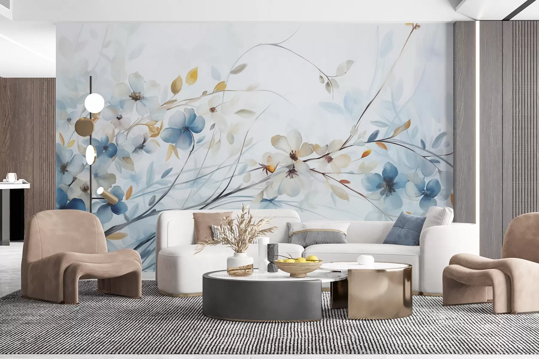 Шпалери Квіткова композиція з синім, помаранчевим листям і білими квітами, ніжні пелюстки, тонкі гілочки, м'які кольори, акварельний ефект w09009