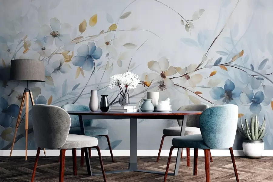 Шпалери Квіткова композиція з синім, помаранчевим листям і білими квітами, ніжні пелюстки, тонкі гілочки, м'які кольори, акварельний ефект w09009