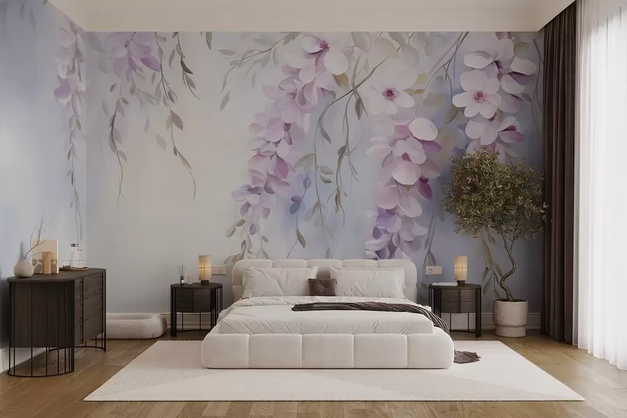 Шпалери Квіти гліцинії з бузковими пелюстками та зеленим листям, що звисає з гілок, м'які пастельні кольори, пастельний фон w09010