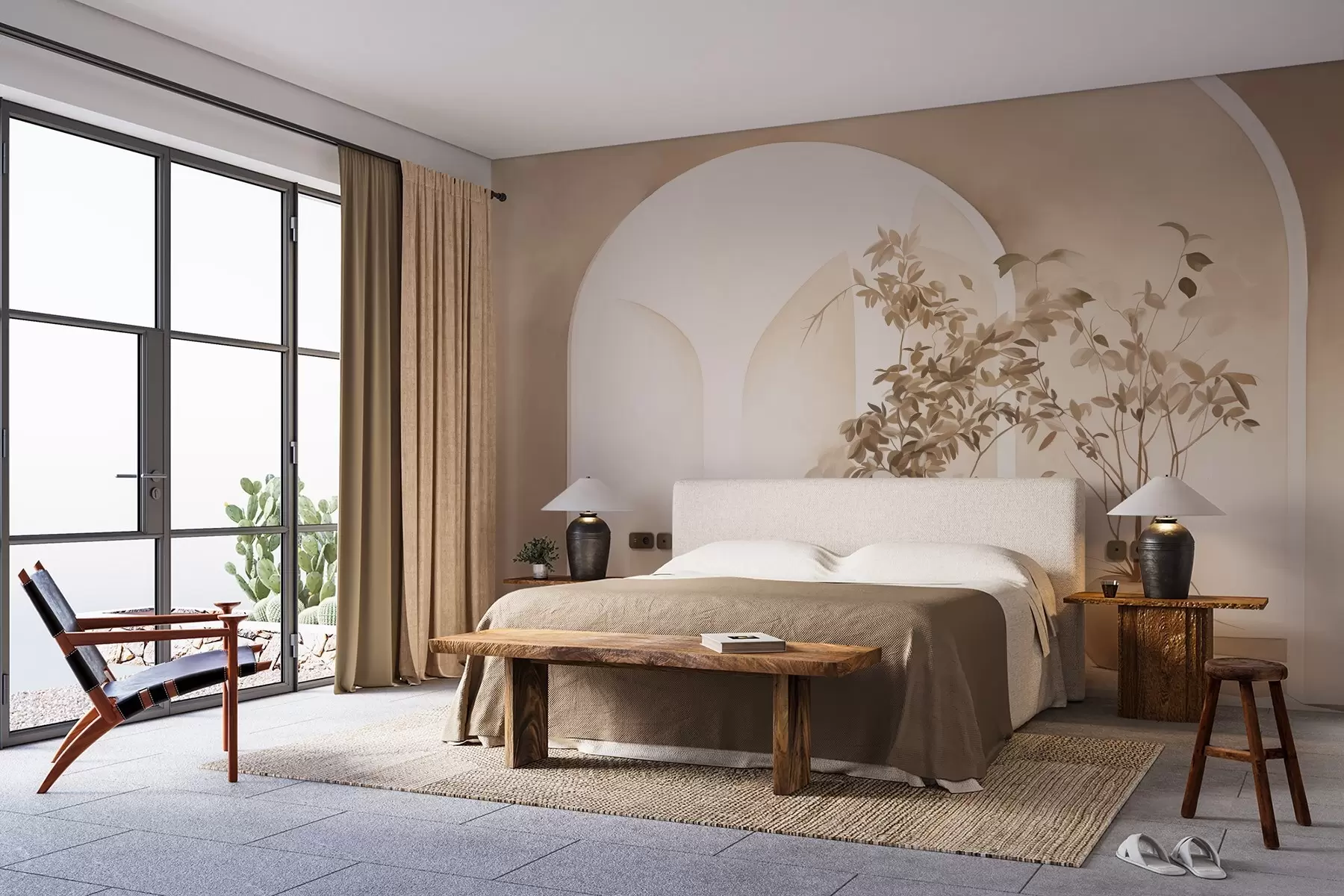 Шпалери Рослини в горщиках бежевих тонів перед абстрактними арками, мінімалістичний стиль, елегантний і чистий, нейтральний фон w09013