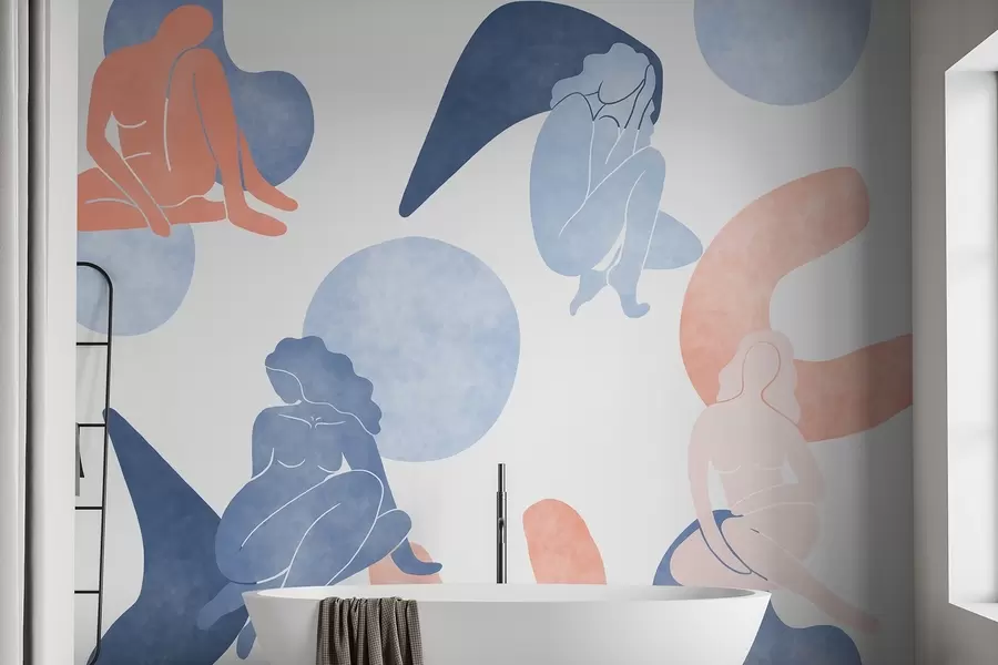 Шпалери Геометричні абстракції з жіночими силуетами, стиль бохо, синій, бежевий, рожевий w03753v1