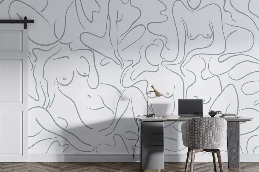 Шпалери Лінійний малюнок анатомічних силуетів, абстракція, синій колір w03755v1