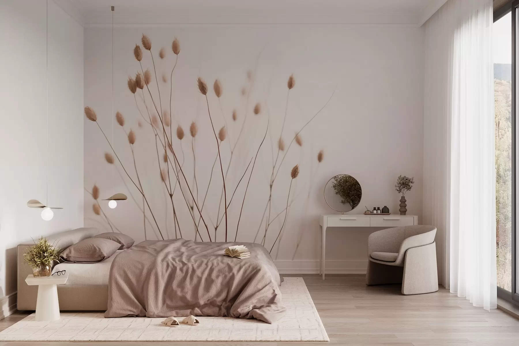 Шпалери Мінімалістичні гілки з колосками на білому тлі w03805