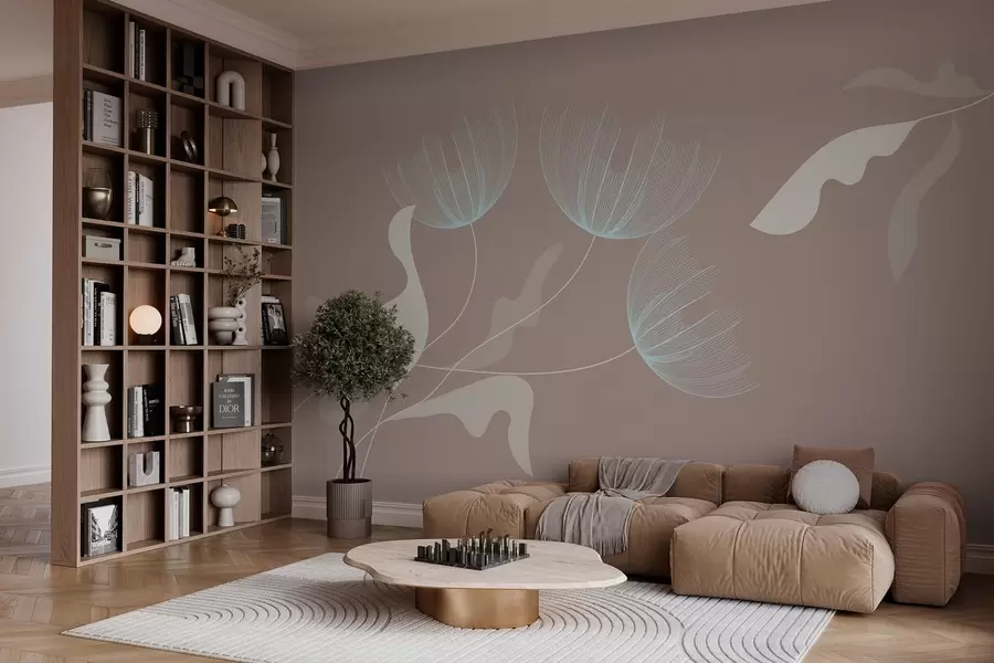 Шпалери елегантні мінімалістичні квіти в біло-блакитних тонах на тлі мокко w03763v3