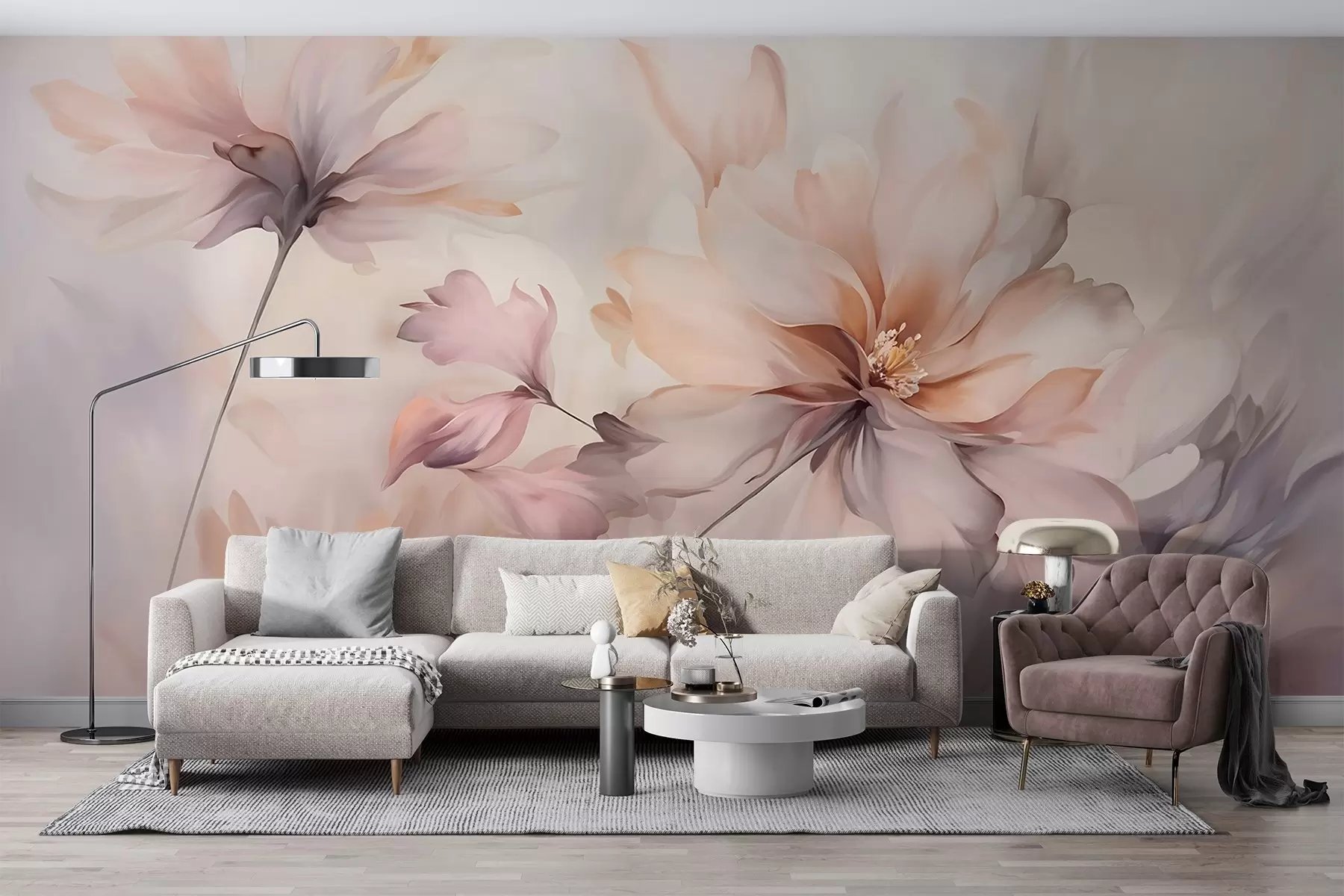 Шпалери Делікатна флористика з великими квітами пастельних відтінків з напівпрозорими пелюстками, м'якими стеблами та ніжним розсіяним фоном w09050