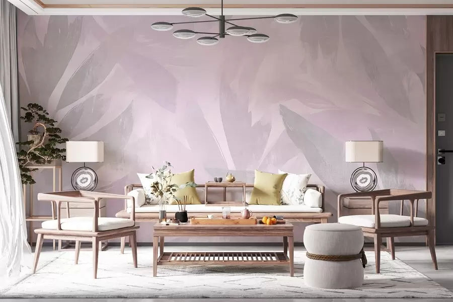 Шпалери Тропічне листя, квіткові, пальми, пастельний стиль, фіолетові кольори w03881v1