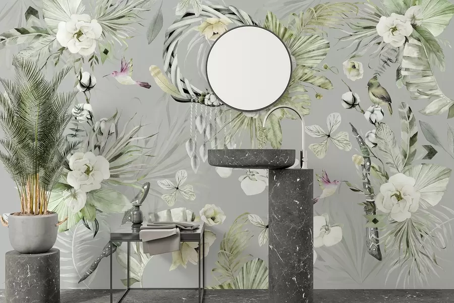 Шпалери Орнамент у стилі бохо з квітами півонії та птахами, акварельний стиль, зелені кольори w03885v2