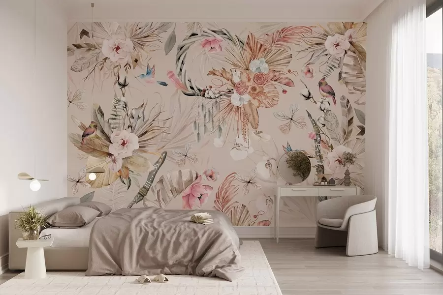 Шпалери Орнамент у стилі бохо з квітами півонії та птахами, акварельний стиль, м'які кольори w03885v3