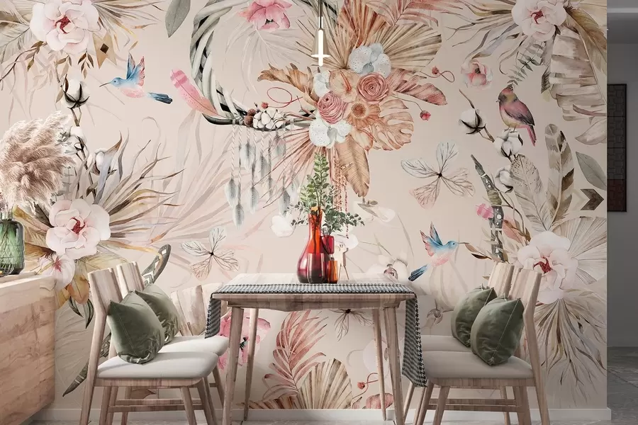 Шпалери Орнамент у стилі бохо з квітами півонії та птахами, акварельний стиль, м'які кольори w03885v3