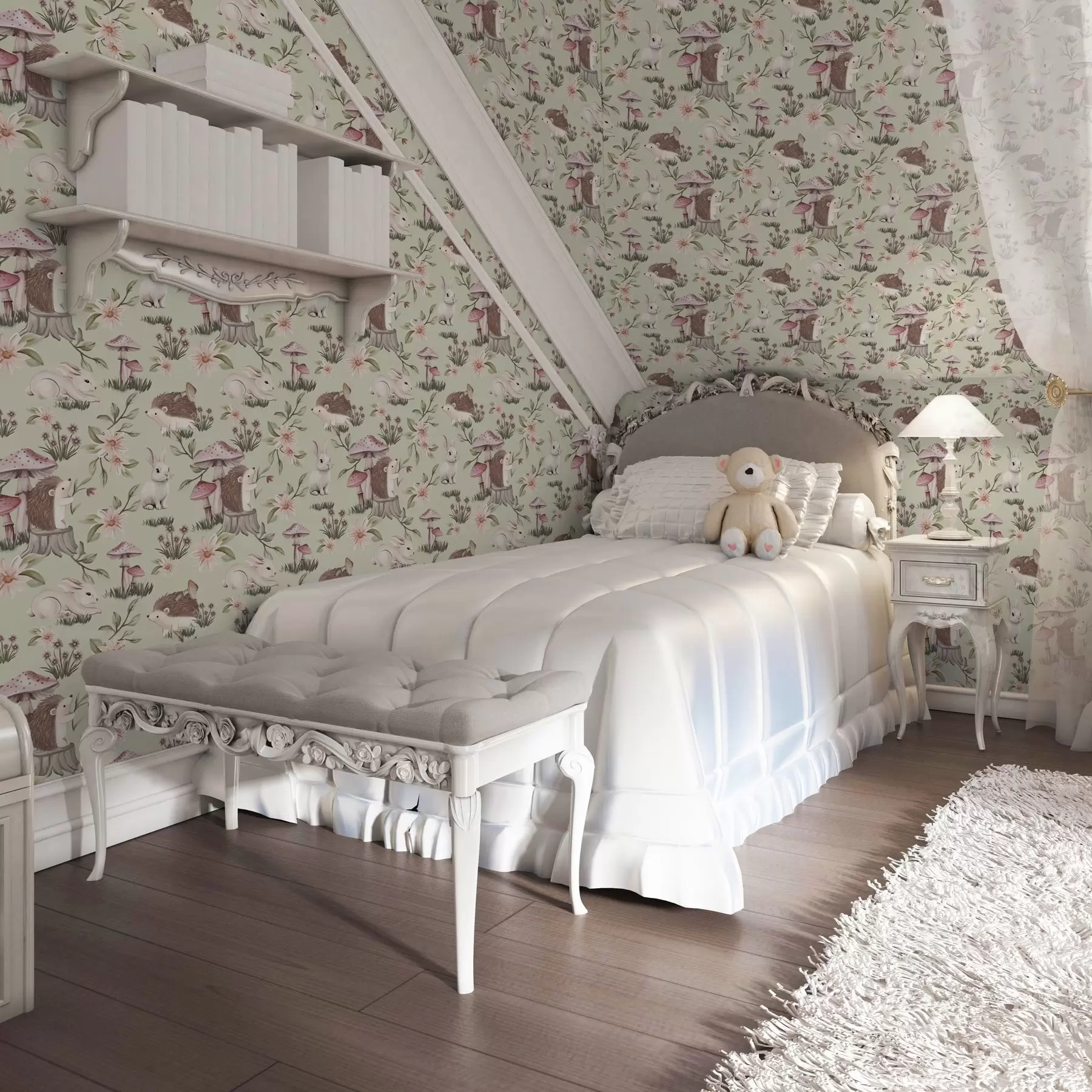 Шпалери Казкові тварини та квіти на зеленому тлі в ніжних пастельних тонах a00111v1