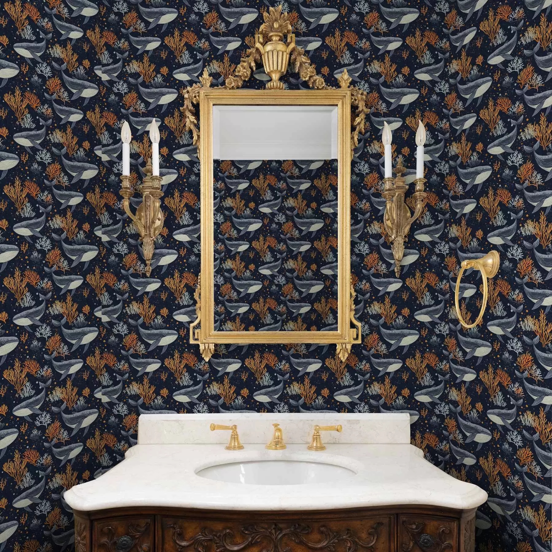 Шпалери Морські кити та корали на темному тлі a00116