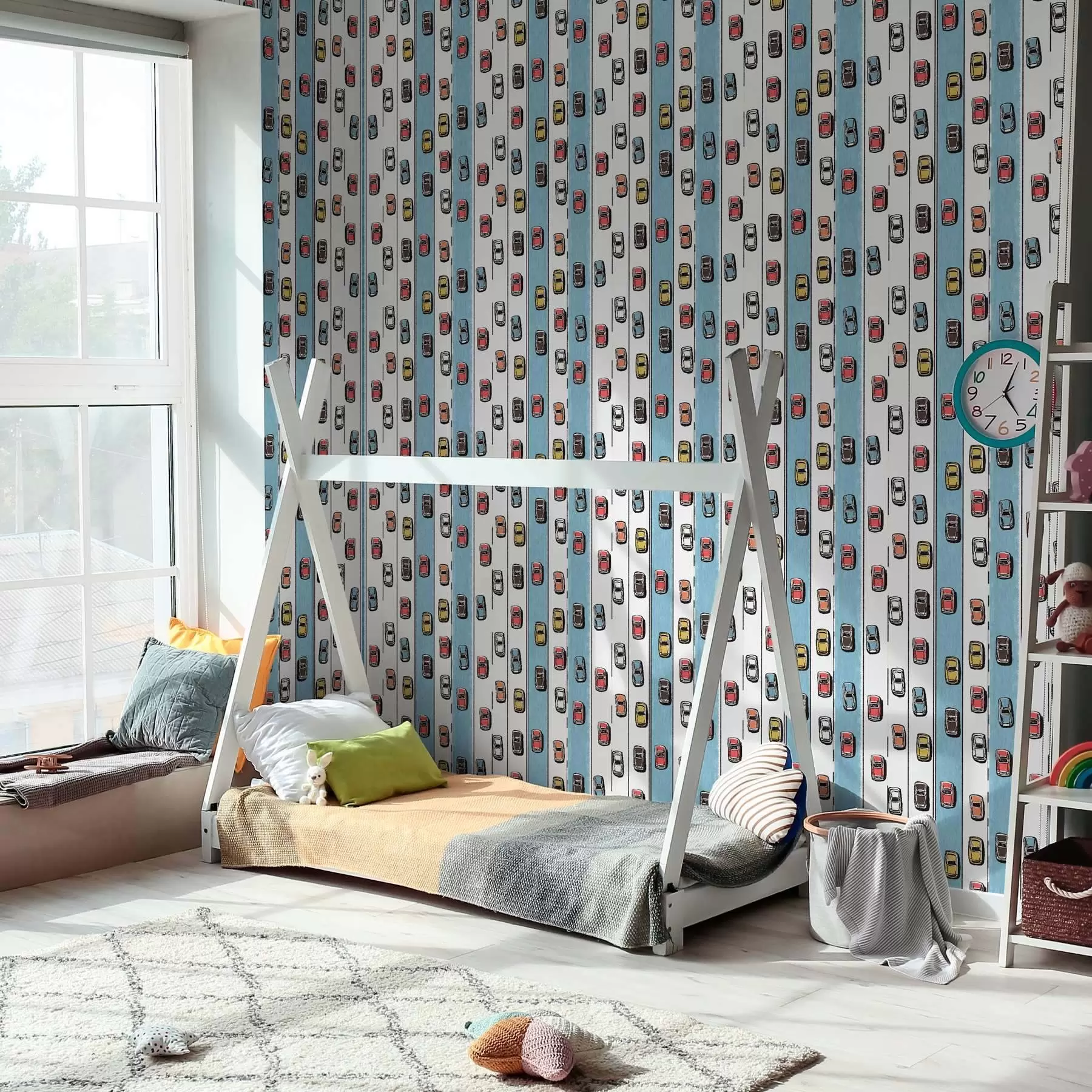 Шпалери Ретро-автомобіль на біло-блакитній дорозі в стилі 60-х років a00118v2