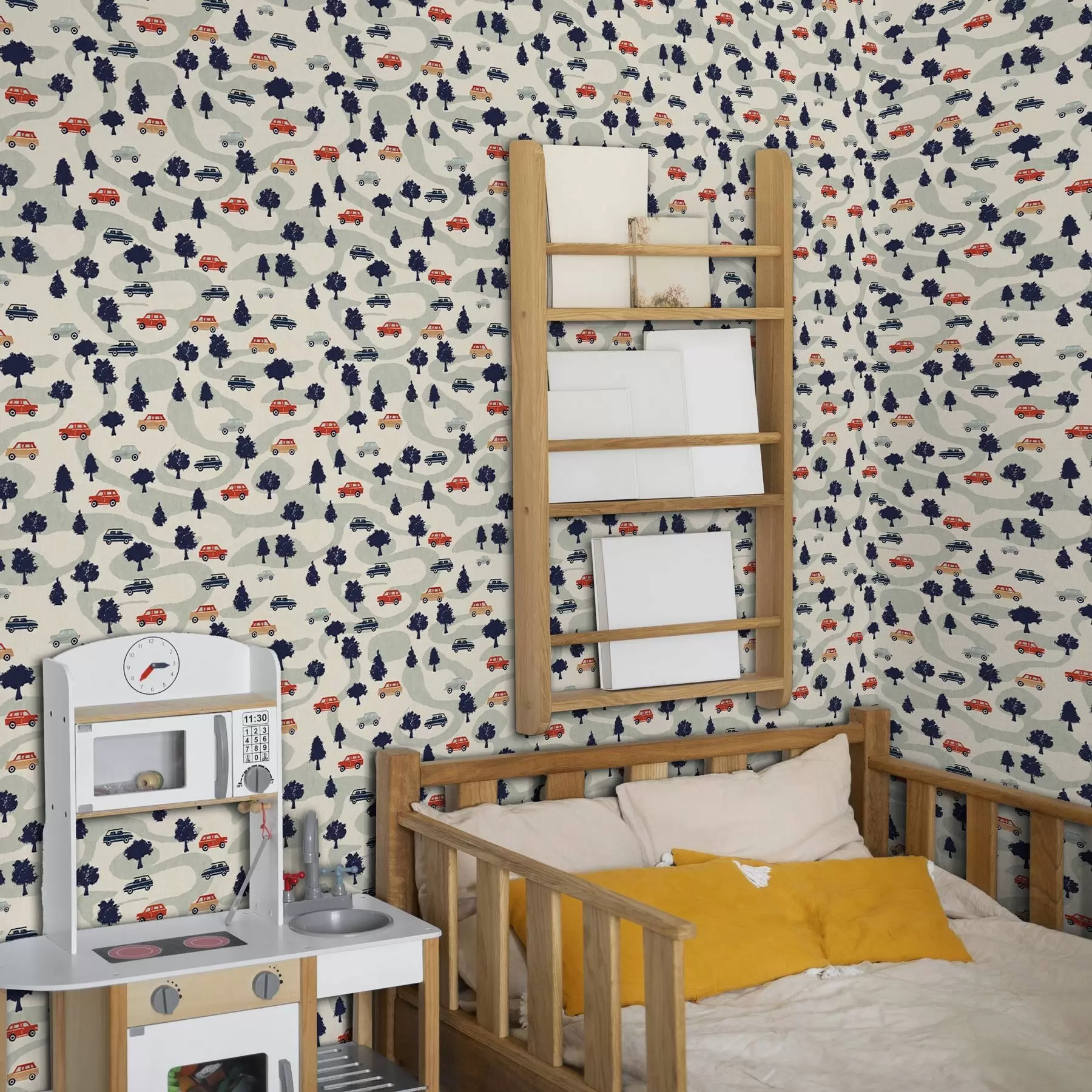 Шпалери Кумедні машинки серед дерев на кремовому фоні a00119