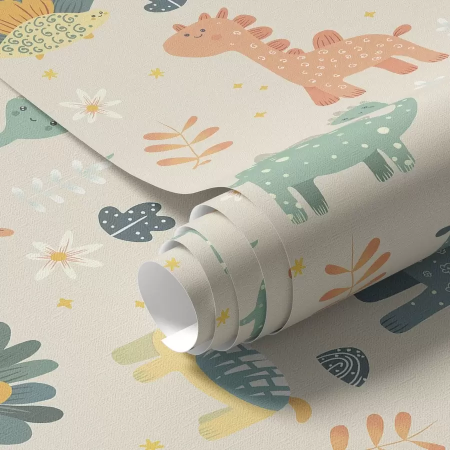 Шпалери Дитячі динозаври в пастельних тонах на світлому фоні a00125