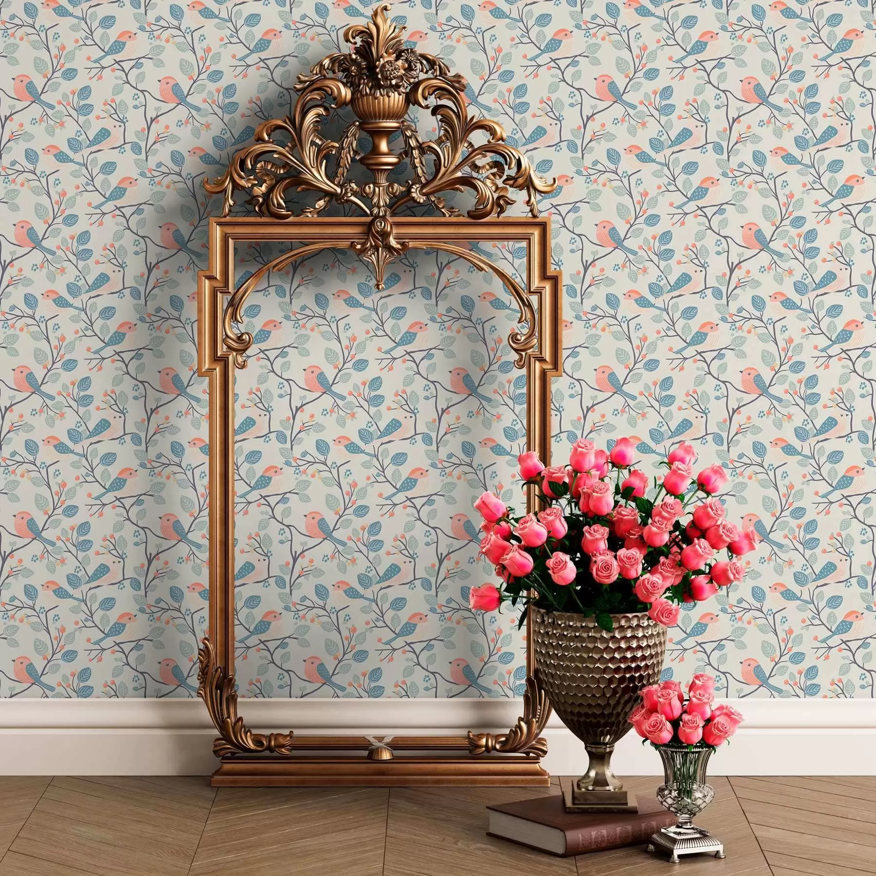 Шпалери Пастельні птахи та гілочки на світлому фоні a00128