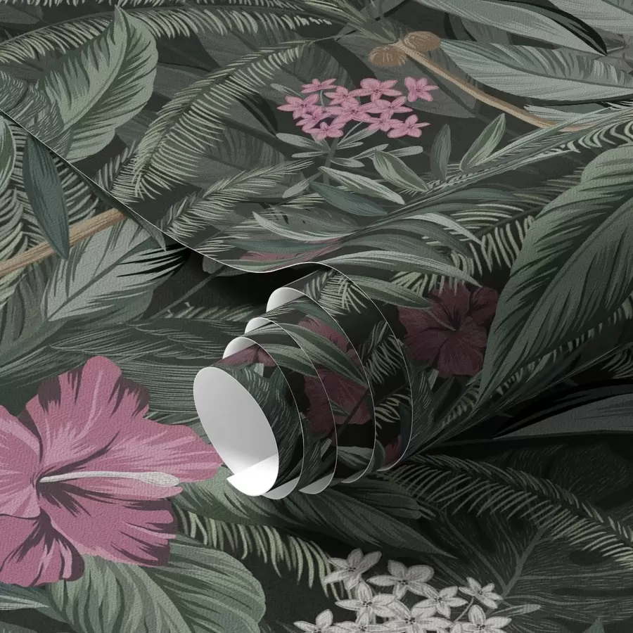 Шпалери Тропічне листя і птах на темному тлі a00140