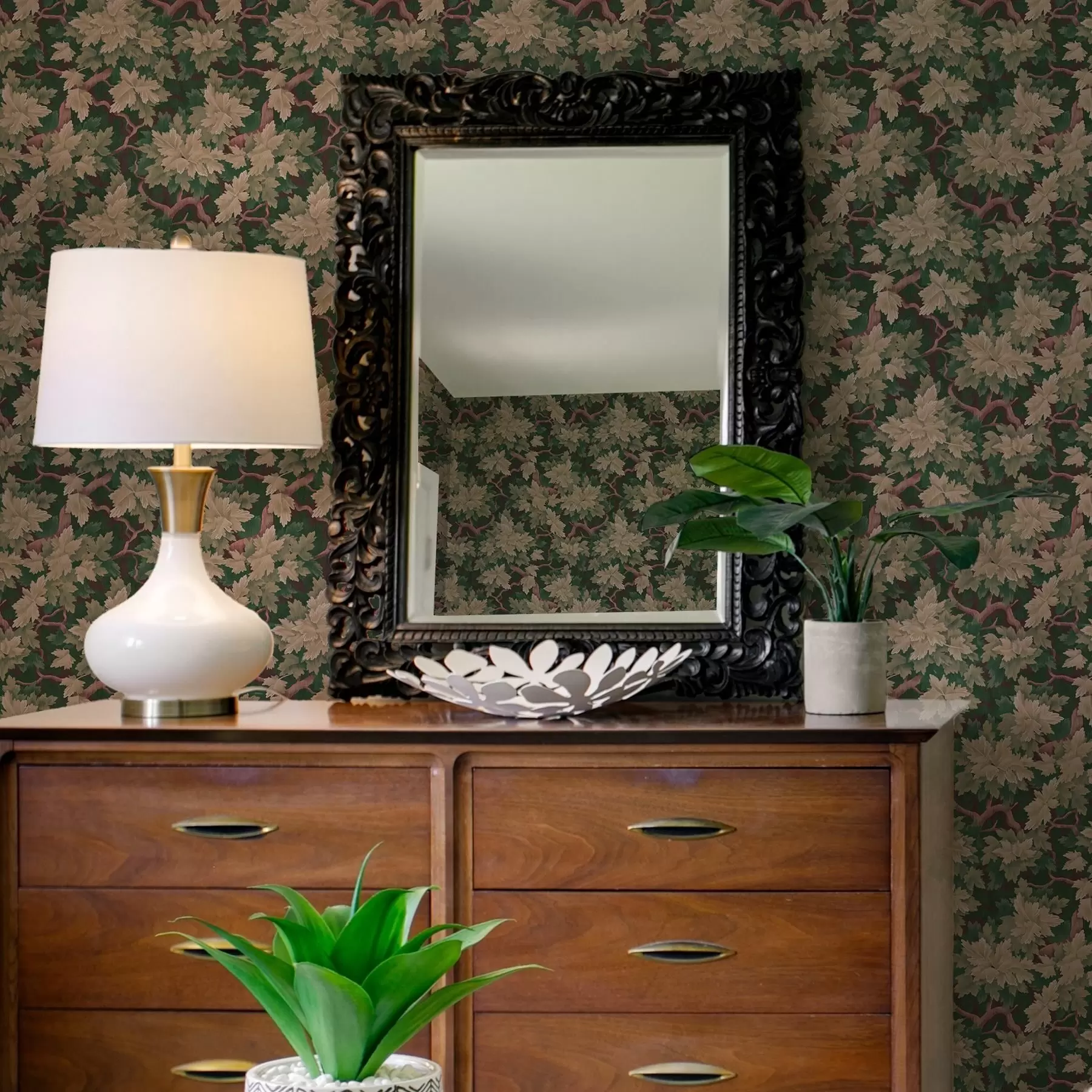 Шпалери Листя в теплій палітрі на темному тлі a00151v1