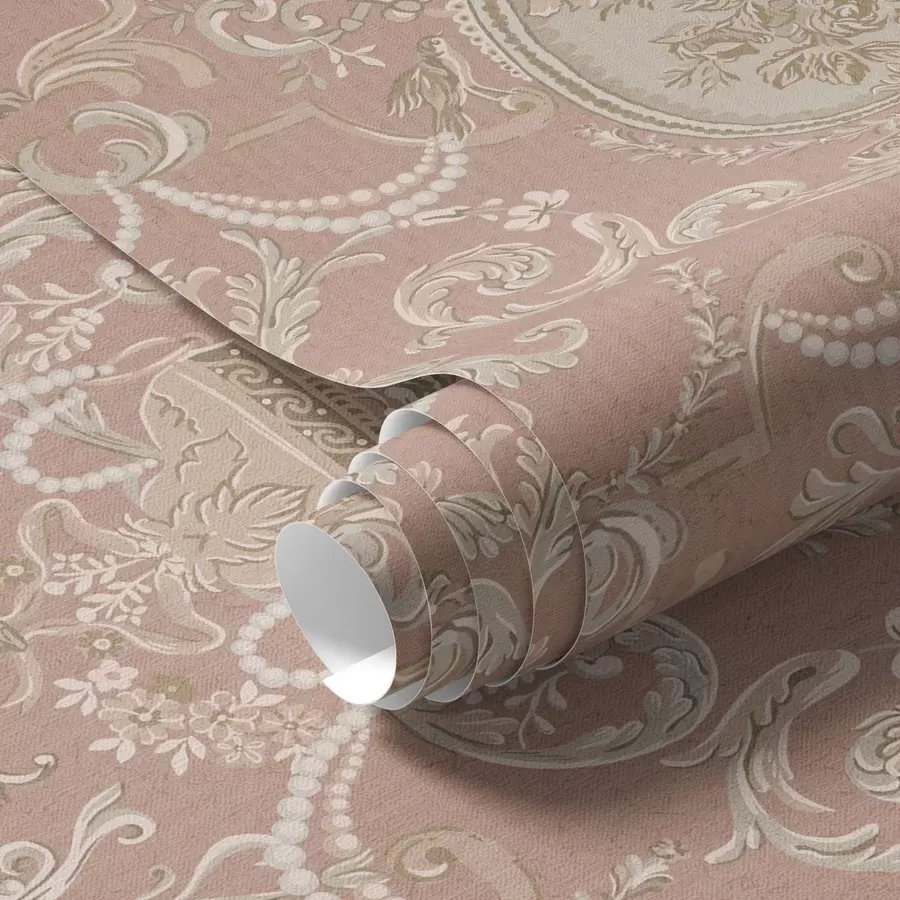 Шпалери Бароковий орнамент з квітами на рожевому тлі a00160