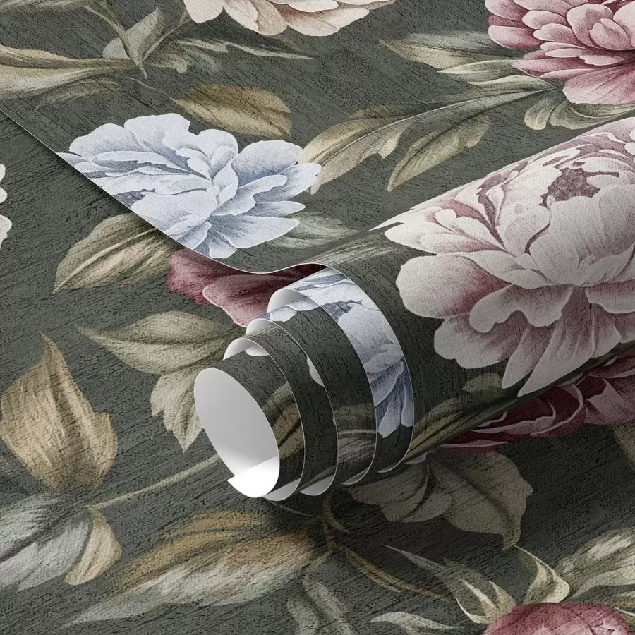 Шпалери Півонії на темно-зеленому тлі a00106