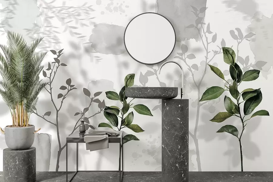 Шпалери Листя лимонного дерева, тіні від гілок дерев, природа, акварель, зелений w03910v1