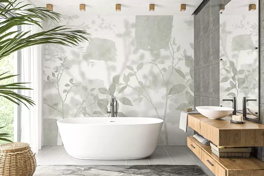 Шпалери Силуети дерев, гілки, природа, акварель, зелені кольори w03911v1