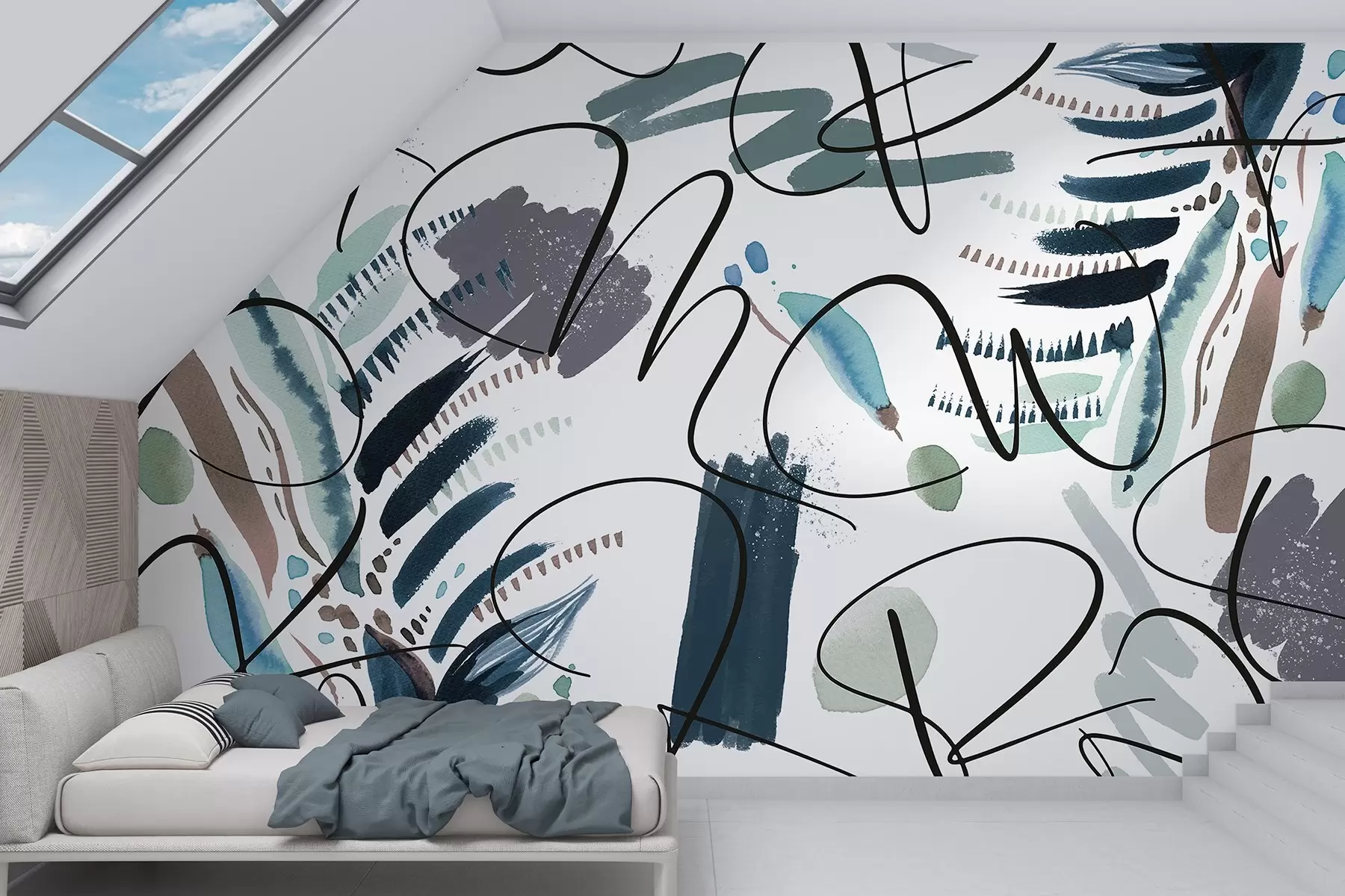 Шпалери Чорнильні літери, каліграфія, мазки, сині кольори, абстракція w03912v2