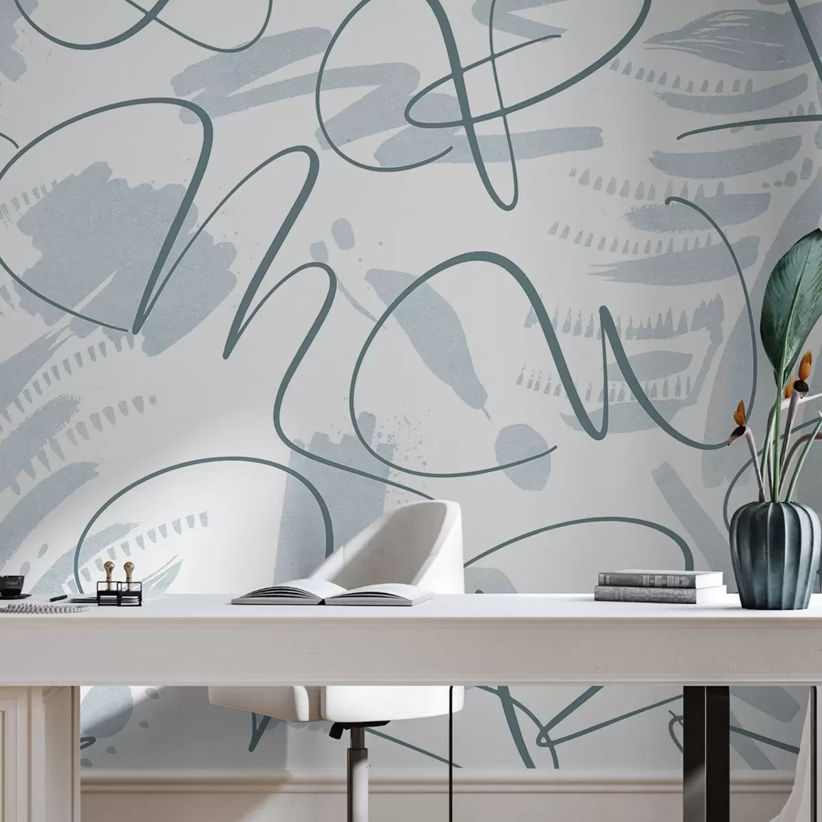 Шпалери Каліграфічна абстракція з літерами, мазки пензлем, синій колір w03913v1