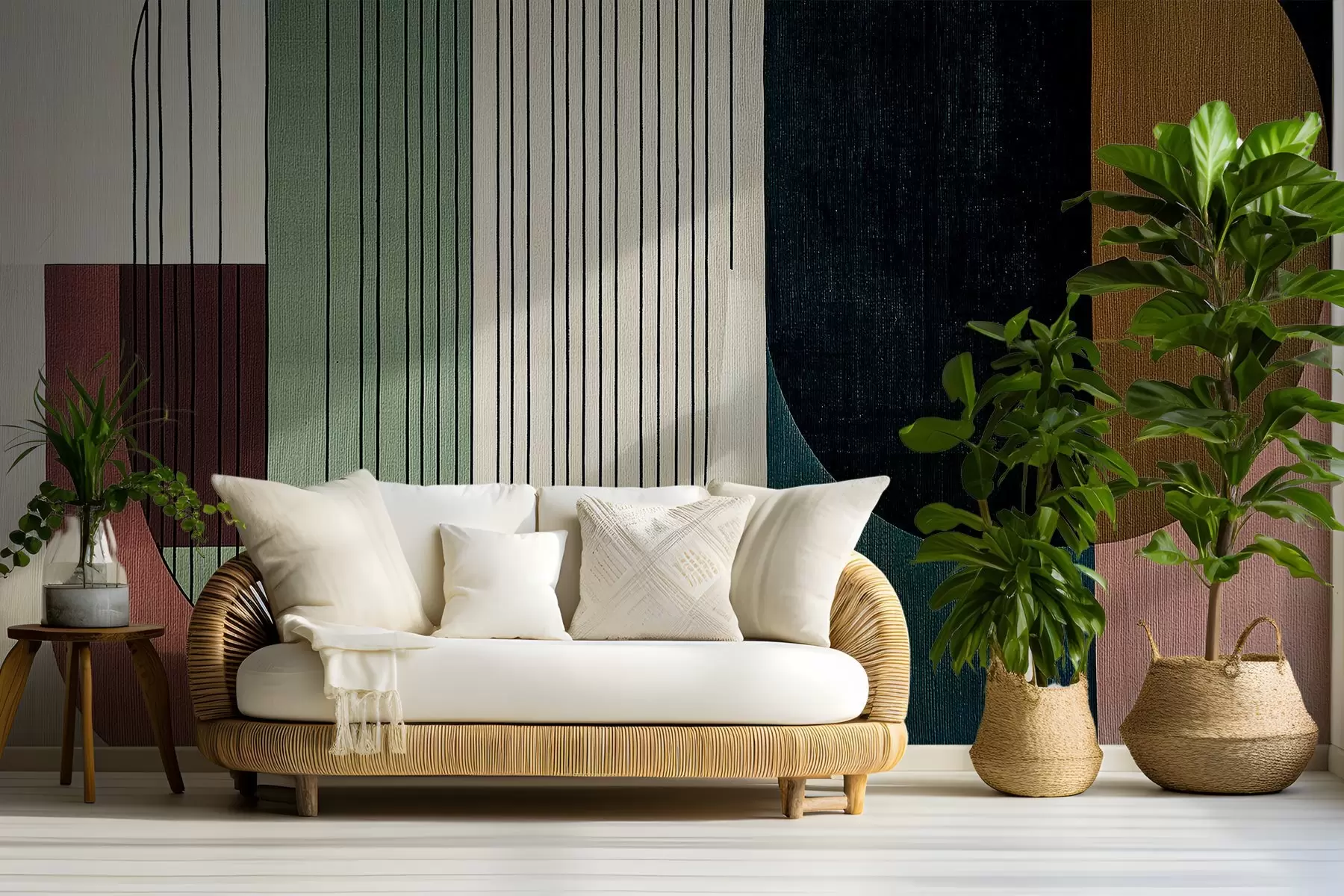 Шпалери сучасна абстрактна геометрична композиція з фігурами, що перетинаються, та візерунками з вертикальних ліній, тонкими лініями, що заповнюють трапеції та овали, м'якими текстильними фактурами, теплими приглушеними тонами, такими як оливково-зелений, сірий, бежевий та вугільний, тонкими ефектами прозорості між фігурами w03937v3