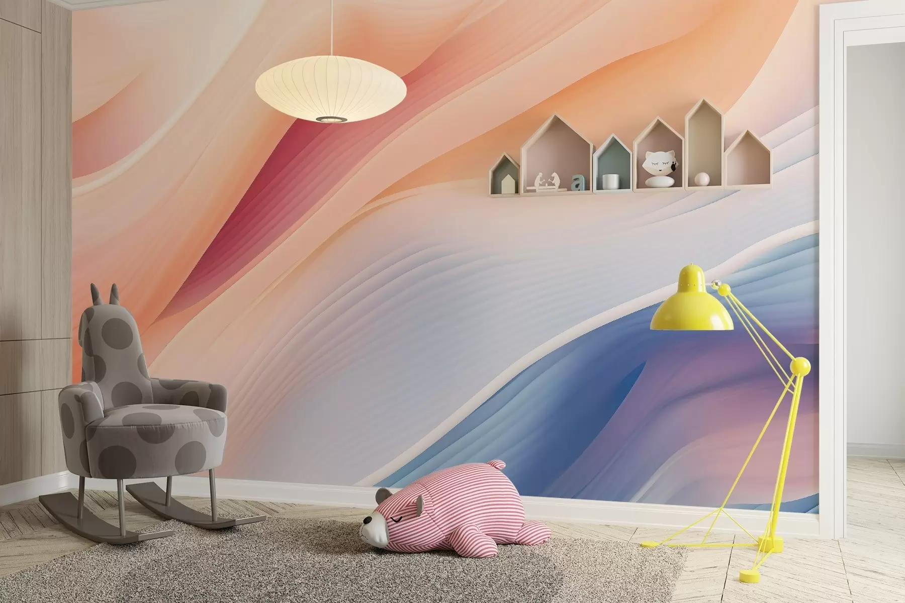 Шпалери абстрактні плавні форми, натхненні вітром і водою, ручний розпис з м'якими пастельними градієнтами і тонкою текстурою, органічний рух, як шовк в сповільненій зйомці, блідий фон кольору слонової кістки, природна гармонія, без об'єктів, без символів, сучасна поетична композиція шпалер w03942