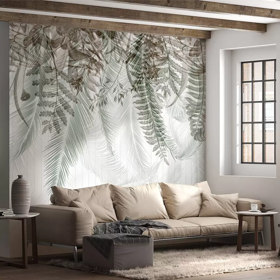 Шпалери Ніжне падаюче тропічне листя папороті та пальм, геометричне тло, м'яке світло, приглушені кольори, елегантний w09106v1