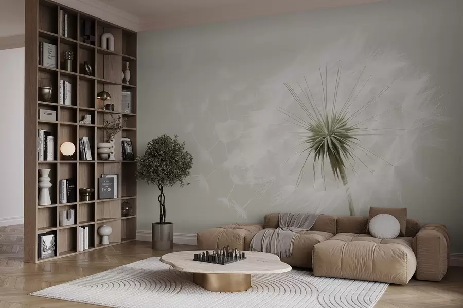 Шпалери Сучасна м'яка квіткова композиція з повністю розквітлою головкою кульбаби та плаваючим насінням на тлі ніжної текстильної текстури w03939v1