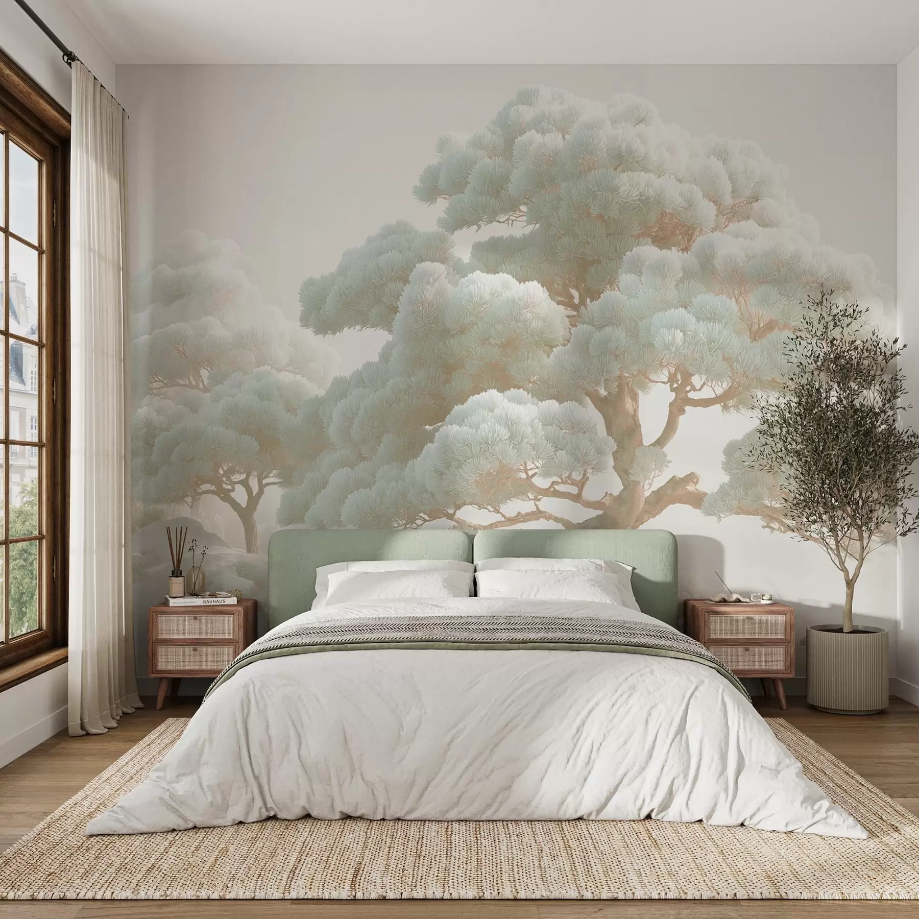 Шпалери Сосни в тумані в м'яких тонах стоять у лісі w09122