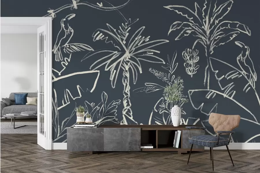 Шпалери Тропічний візерунок на темно-синьому тлі, пальми, банани w04020v4