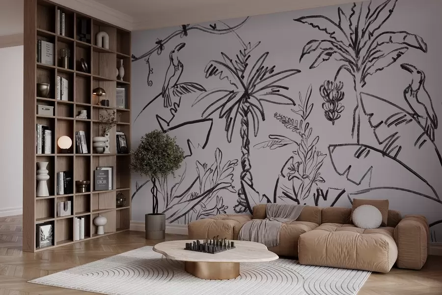 Шпалери Тропічний візерунок у чорному кольорі, пальми, банани, контурна графіка w04020v7