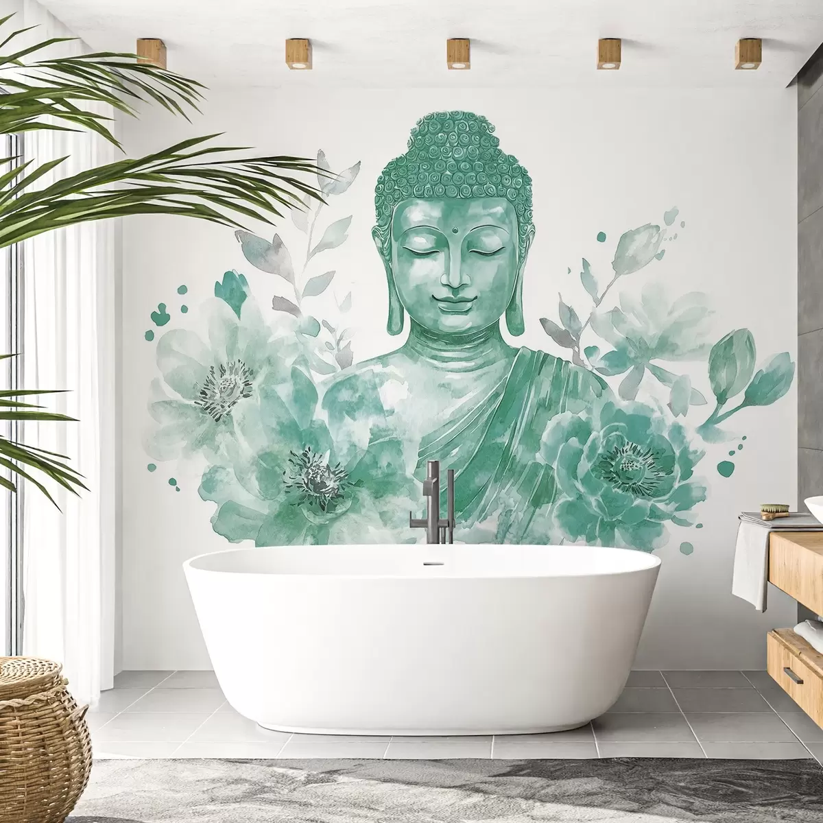 Шпалери Акварельний Будда з квітами, духовний, зелена палітра кольорів w04005v3
