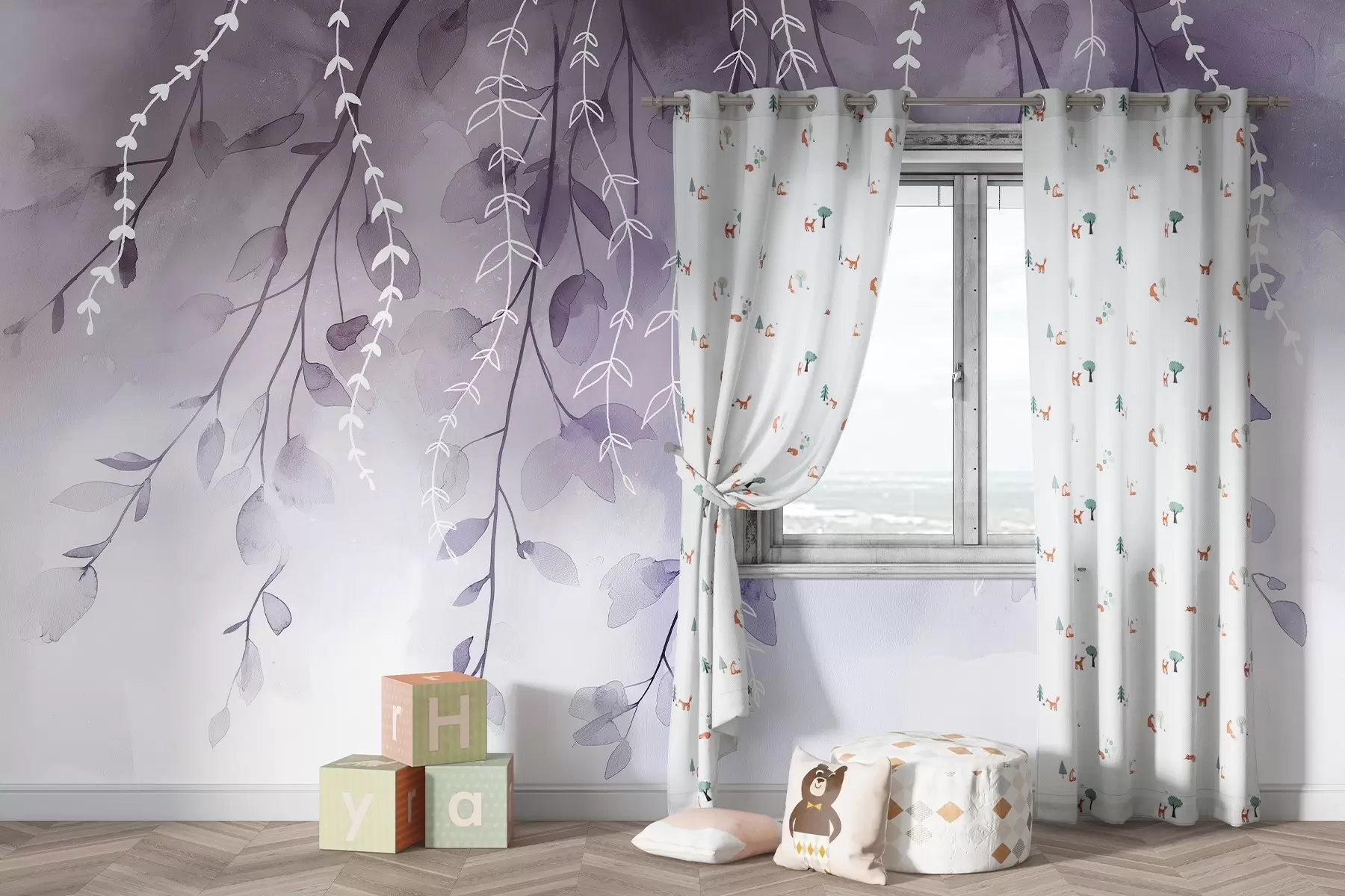 Шпалери Гілки з листям в акварельному стилі, природні фіолетові кольори w04007v2