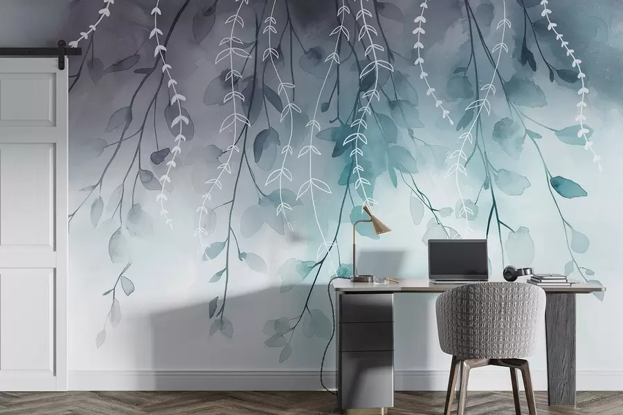 Шпалери Гілки з листям в акварельному стилі, природні аквамаринові кольори w04007v3