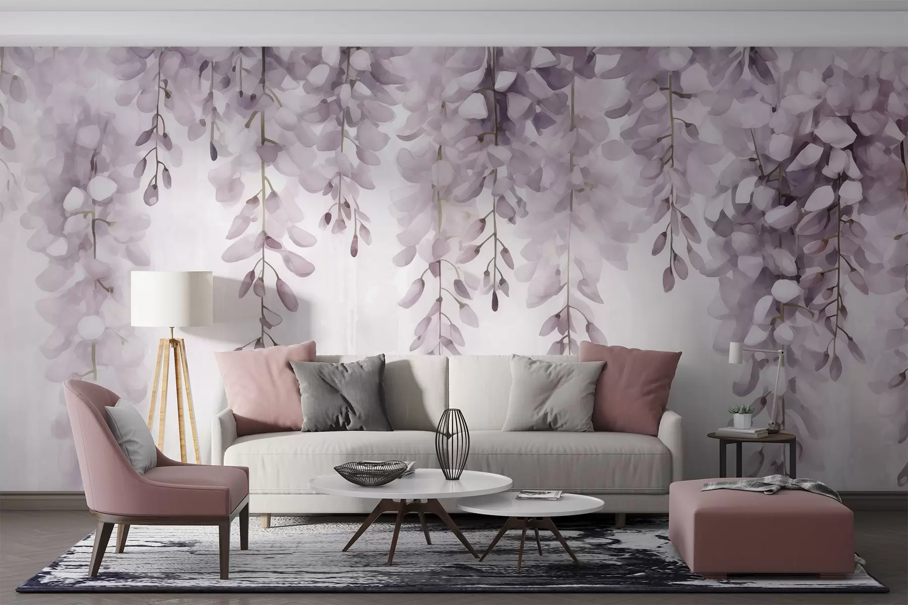 Шпалери Акварельна сцена з ніжно-бузковою гліцинією, що каскадом спадає зверху, нагадуючи про спокій і прозорість ранкового туману w04034v3