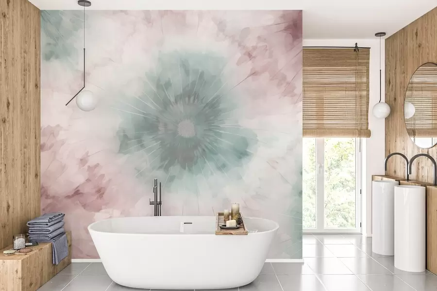 Шпалери Акварельний радіальний візерунок, що поєднує туманну зелень і запилені рожеві відтінки, нагадує про м'якість ранкової роси і перший подих дня w04036v2