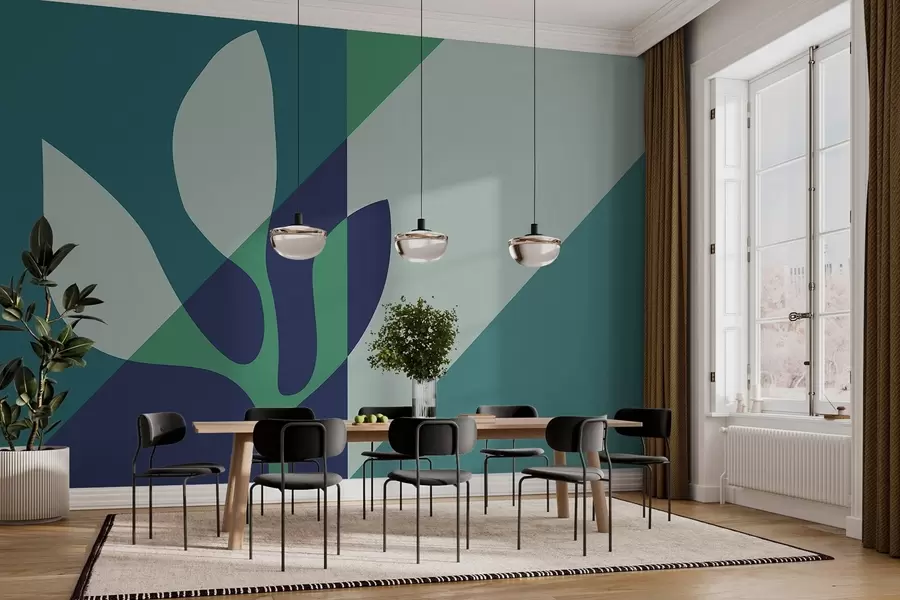 Шпалери абстрактна графічна рослина на тлі геометрії в синіх тонах w04028v1