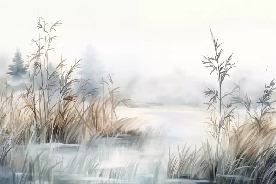 Шпалери Текстурований пейзаж озера з високими травами на передньому плані, м'якими синіми та коричневими кольорами, спокійною водою, деревами вдалині w09137