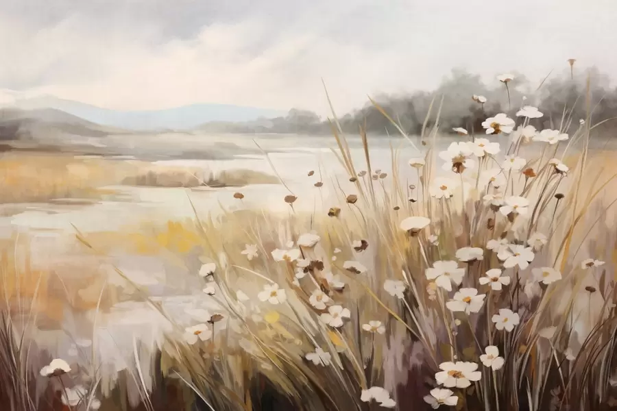 Шпалери Поле високої трави та білих ромашок, дерева на задньому плані, під хмарним небом, фактурний пейзаж, м'які мазки w09139