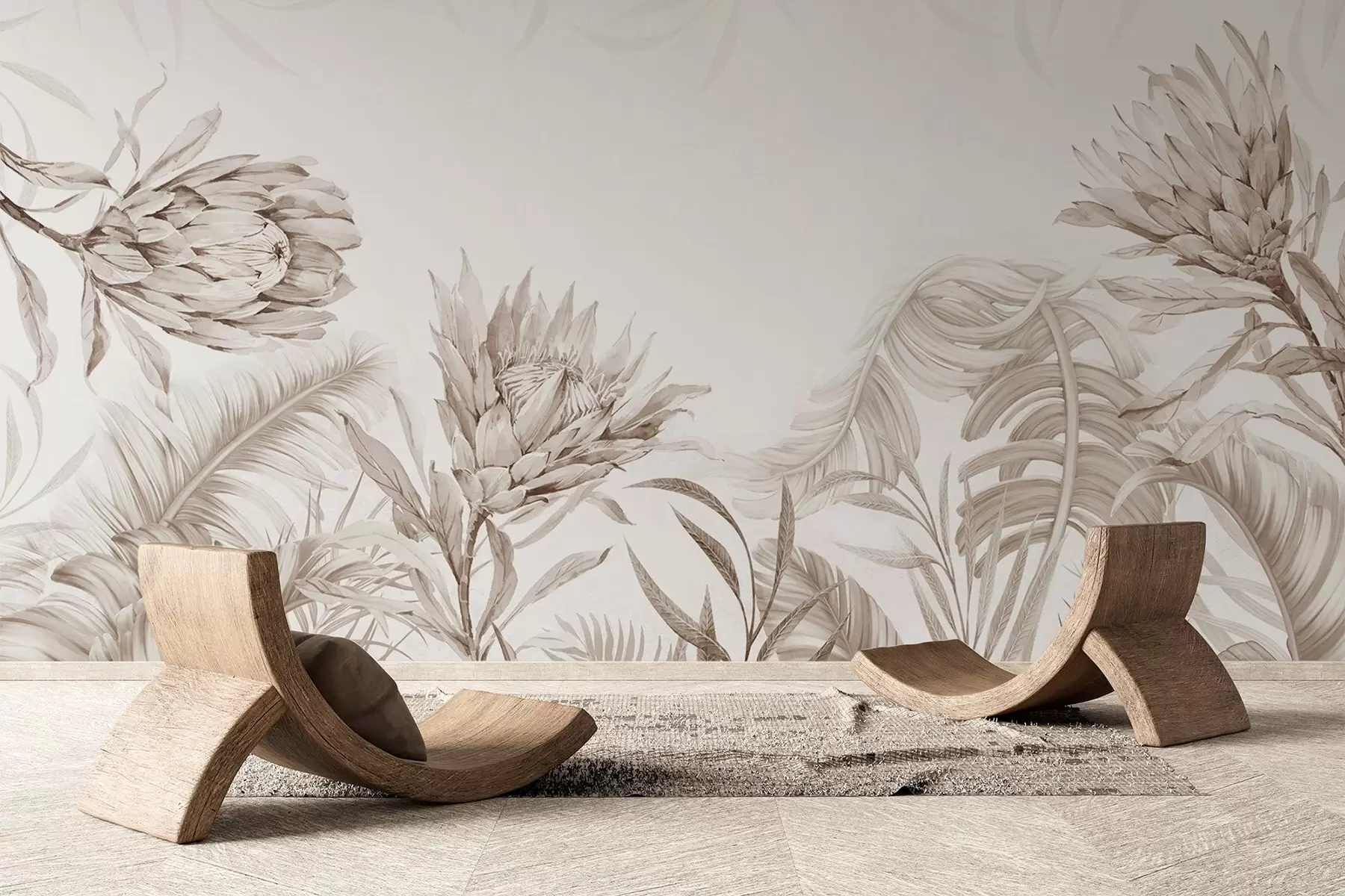 Шпалери Протея серед тропічного листя, бежеві відтінки w03952