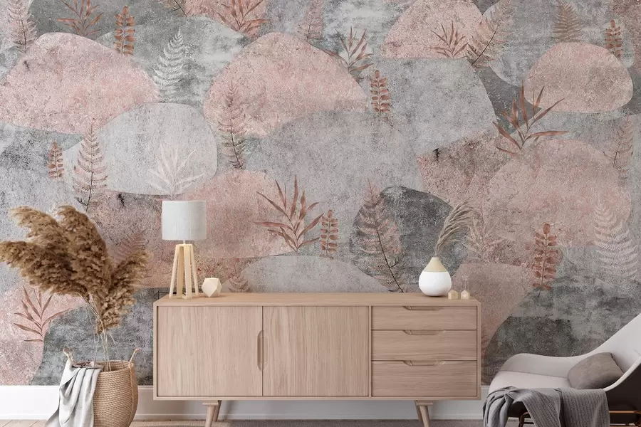 Шпалери Камені з рослинами, папороть, скандинавський, сільський стиль, сірий та рожевий кольори w04064v1