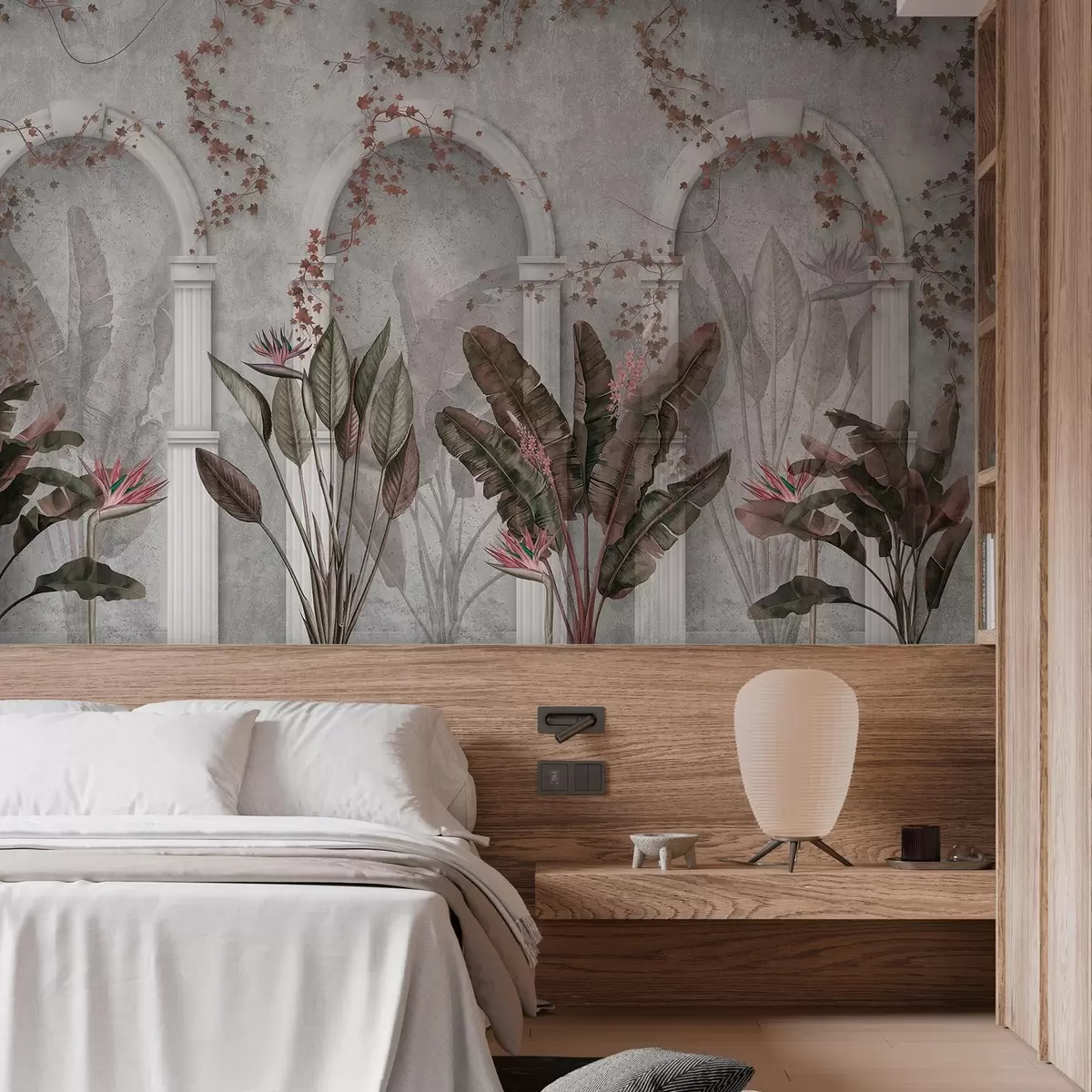 Шпалери Бетонна стіна з арками і тропічними рослинами, квіткові, бордові кольори w04065v1