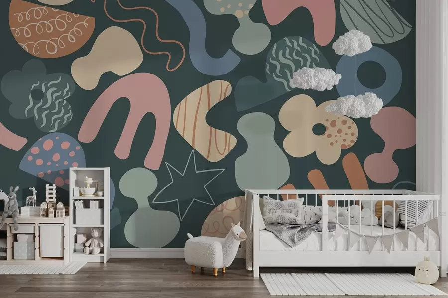 Шпалери Геометричні фігури з малюнком каракулів, підлітковий, темно-зелений фон w04068v3